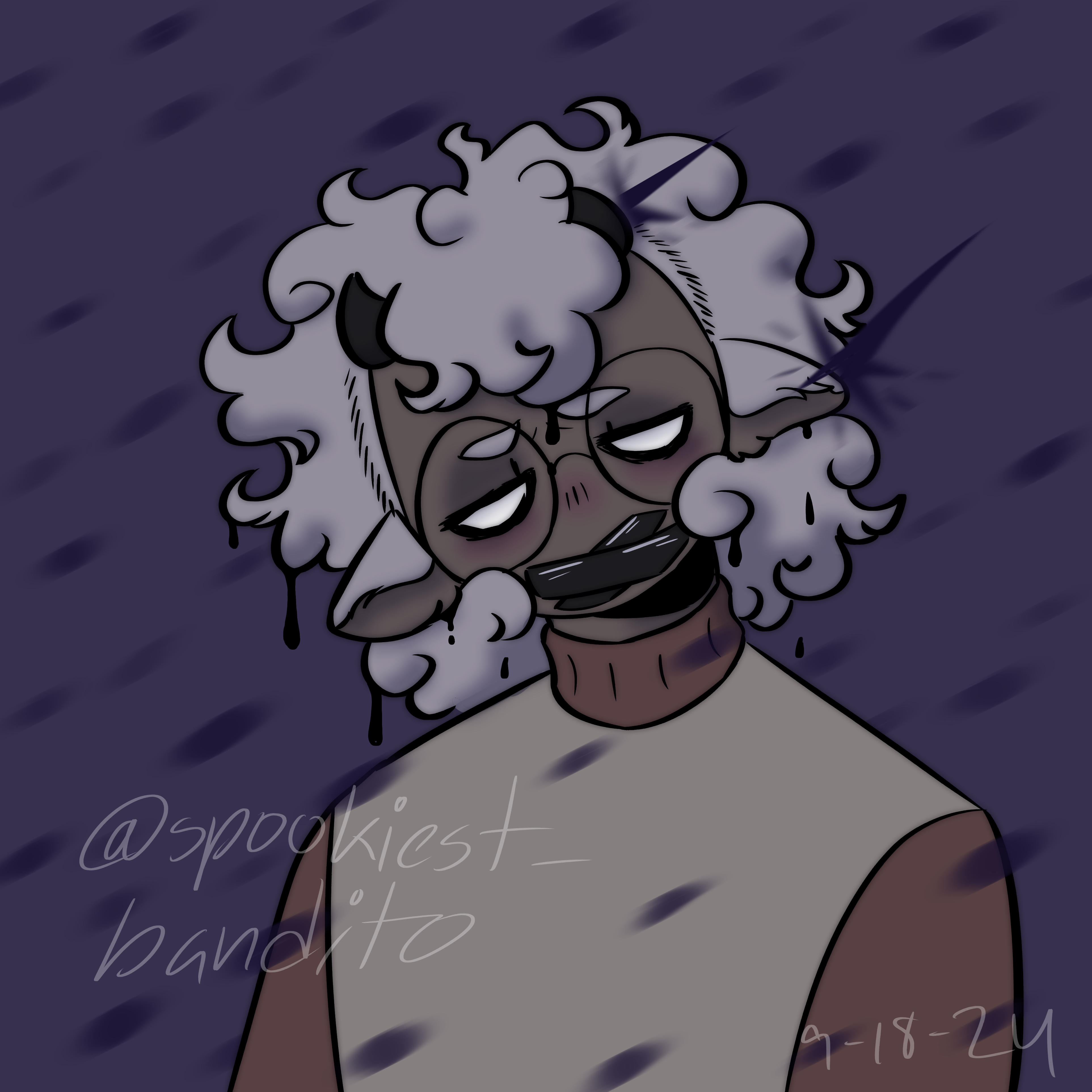 Paint it black (2024). A drawing of Marley. His mouth is duct taped and there is a black goo raining around him. Some of the goo splashes as it hits him.